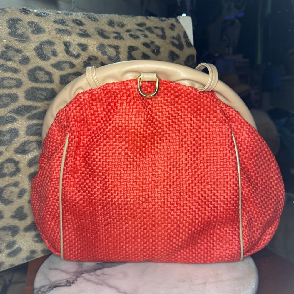 NWOT Trendy Vibrant Coral Woven Raffia Dome Crossbody Bag with Cream Trim